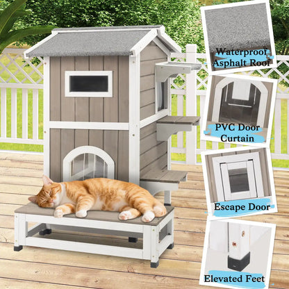 Outdoor cat house with 4 doors for easy entry and ventilation