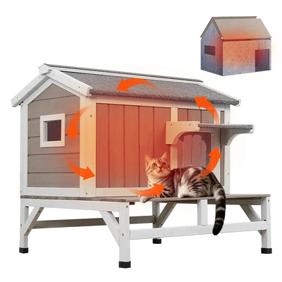 PETSCOSSET insulated outdoor cat house with balcony front view