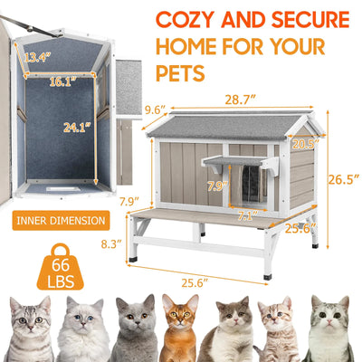 Wooden insulated cat shelter with raised base and openable roof