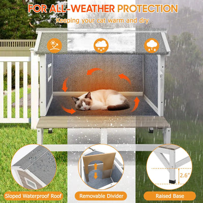 Outdoor insulated cat house with raised legs for airflow