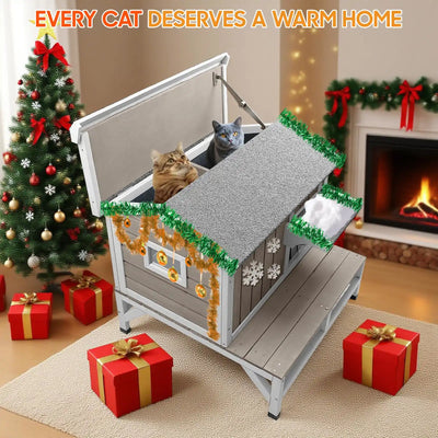 Balcony insulated wooden cat house in outdoor setting