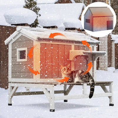 Wooden insulated cat house with easy-clean roof