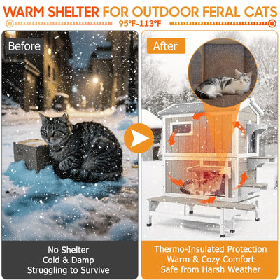 Outdoor insulated cat house side view with jump platforms