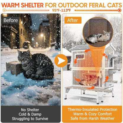 Outdoor insulated cat house side view with jump platforms