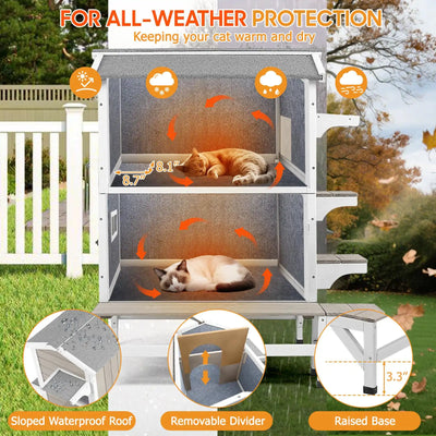 Wooden insulated cat house with raised balcony design