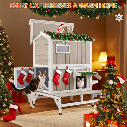 Insulated outdoor cat shelter in snowy garden