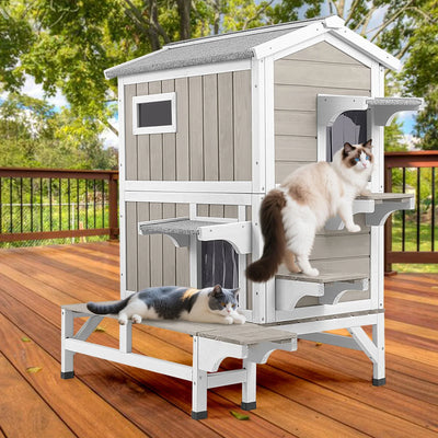 PETSCOSSET outdoor cat house front view with balcony