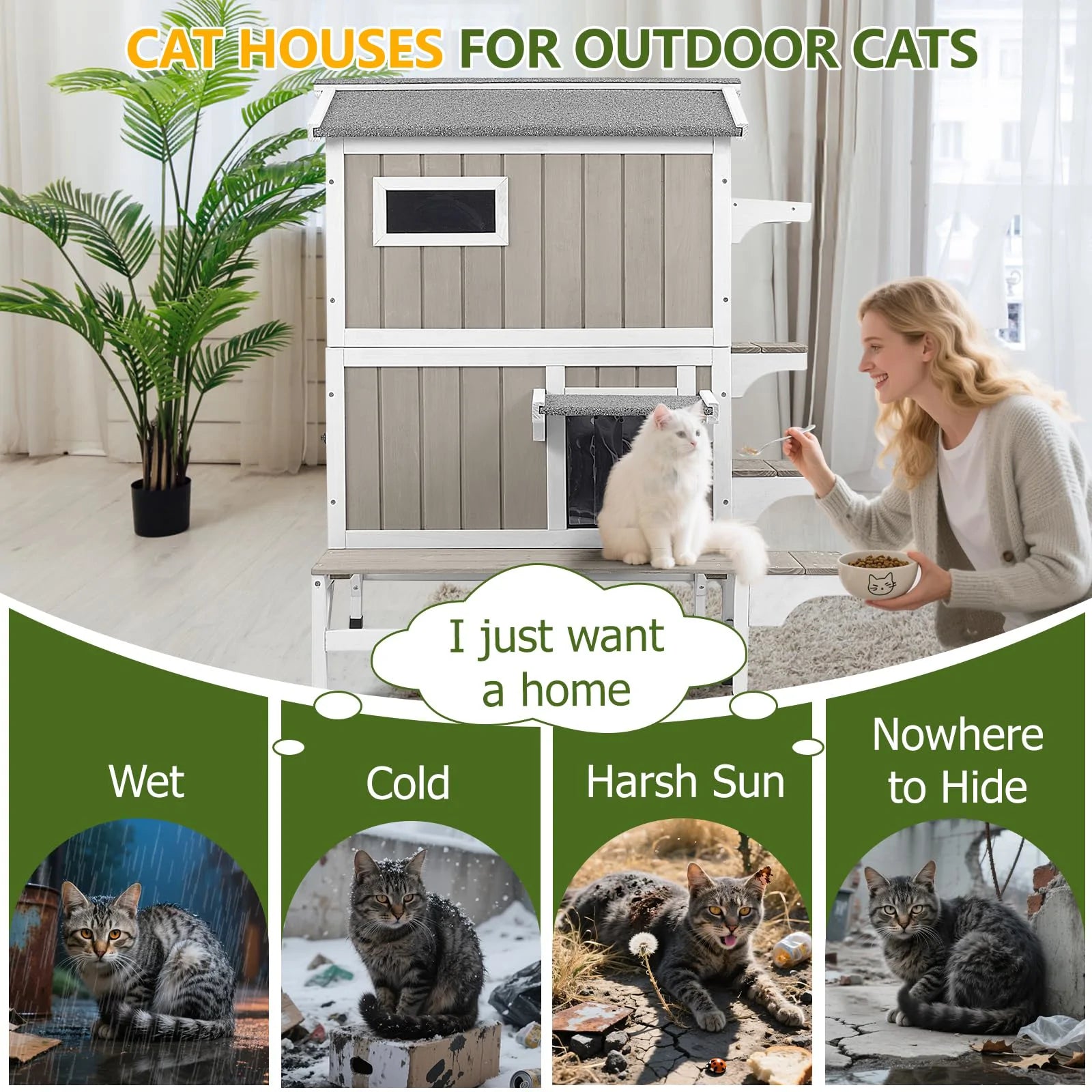 Double-layer outdoor cat house with elevated balcony