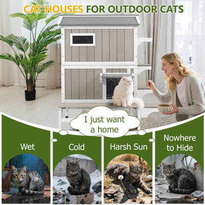 Double-layer outdoor cat house with elevated balcony