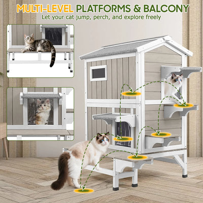 Outdoor cat house with balcony and sturdy wooden structure