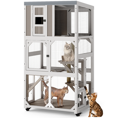 64" Large Wooden Catio Outdoor Cat Enclosure, Window Cat House with Wheels & 3 Platforms