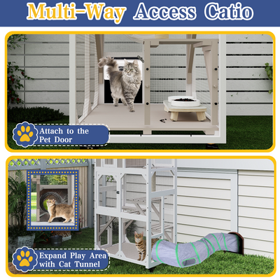 63.5" Wooden Outdoor Catio on Wheels with Waterproof Roof, 2 Sisal Scratching Posts-PET77