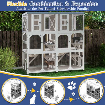 63.5" Wooden Outdoor Catio on Wheels with Waterproof Roof, 2 Sisal Scratching Posts-PET77