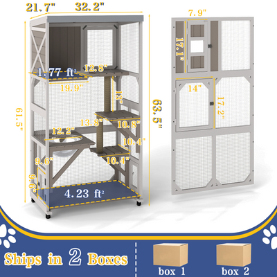 63.5" Wooden Outdoor Catio on Wheels with Waterproof Roof, 2 Sisal Scratching Posts-PET77