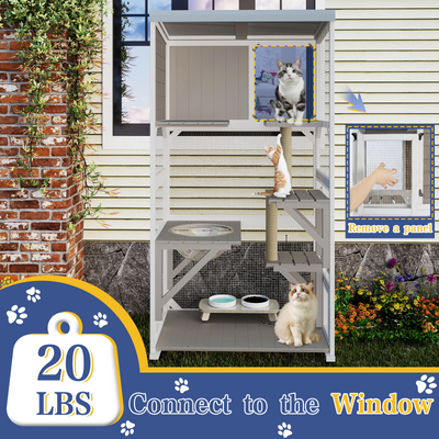 63.5" Wooden Outdoor Catio on Wheels with Waterproof Roof, 2 Sisal Scratching Posts-PET77