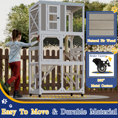 63.5" Wooden Outdoor Catio on Wheels with Waterproof Roof, 2 Sisal Scratching Posts-PET77