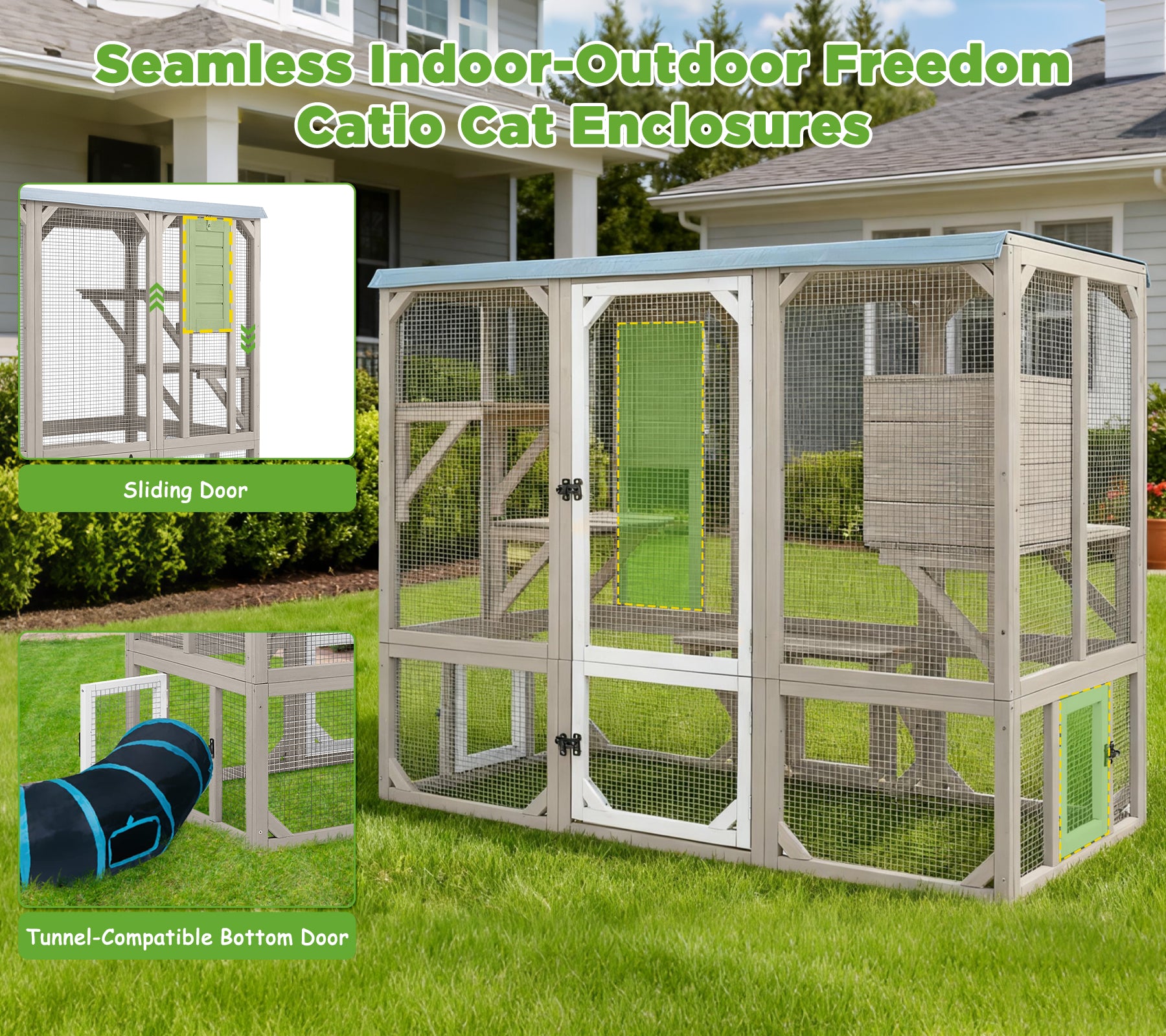 5-Door Expandable Outdoor Wooden Cat Enclosure with Window Access