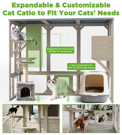 PETSCOSSET Large Wooden Catio with Window Access, 5-Door Expandable Outdoor Cat Enclosure
