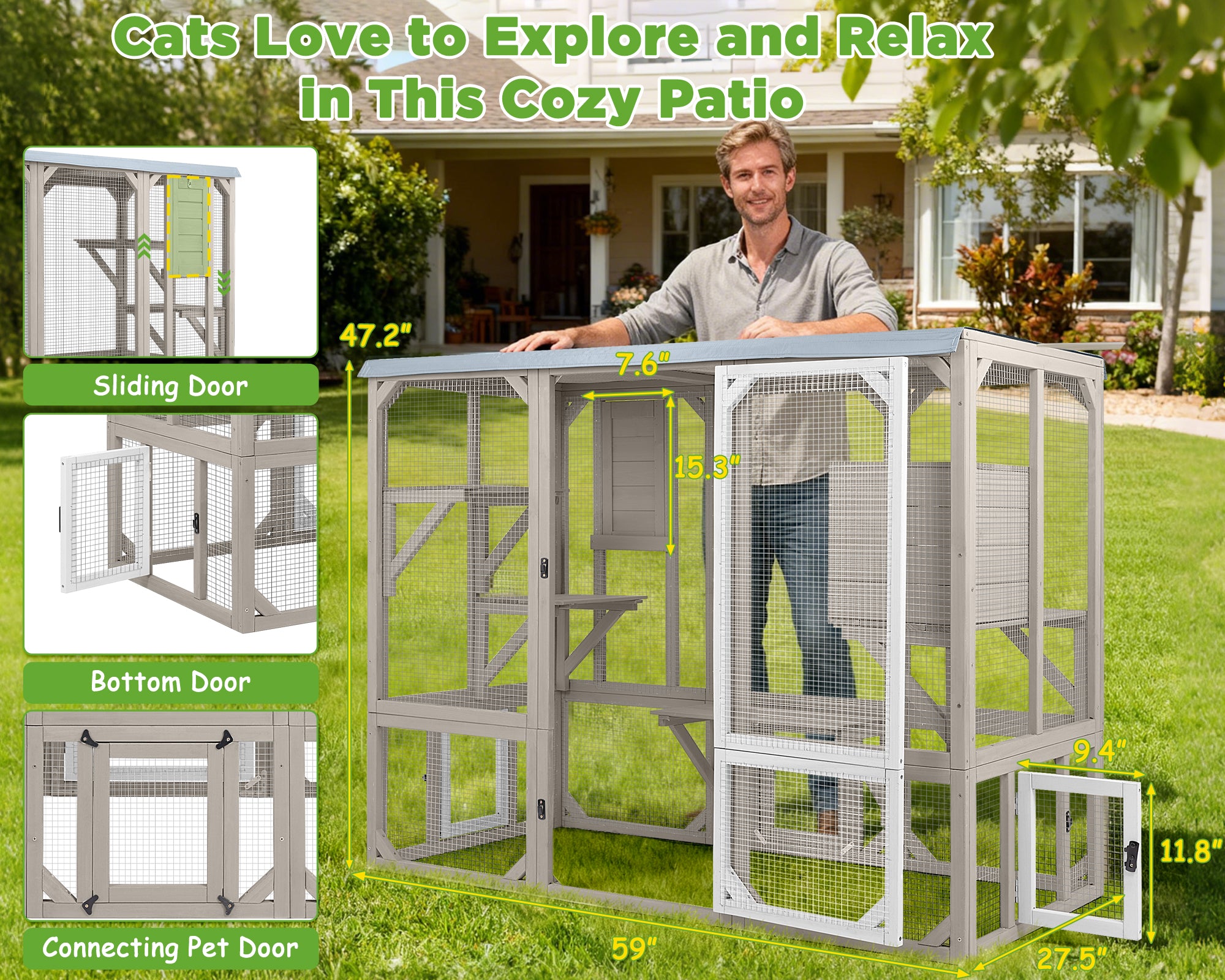 PETSCOSSET Large Wooden Catio with Window Access, 5-Door Expandable Outdoor Cat Enclosure