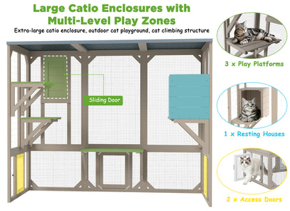 PETSCOSSET Large Wooden Catio with Window Access, 5-Door Expandable Outdoor Cat Enclosure