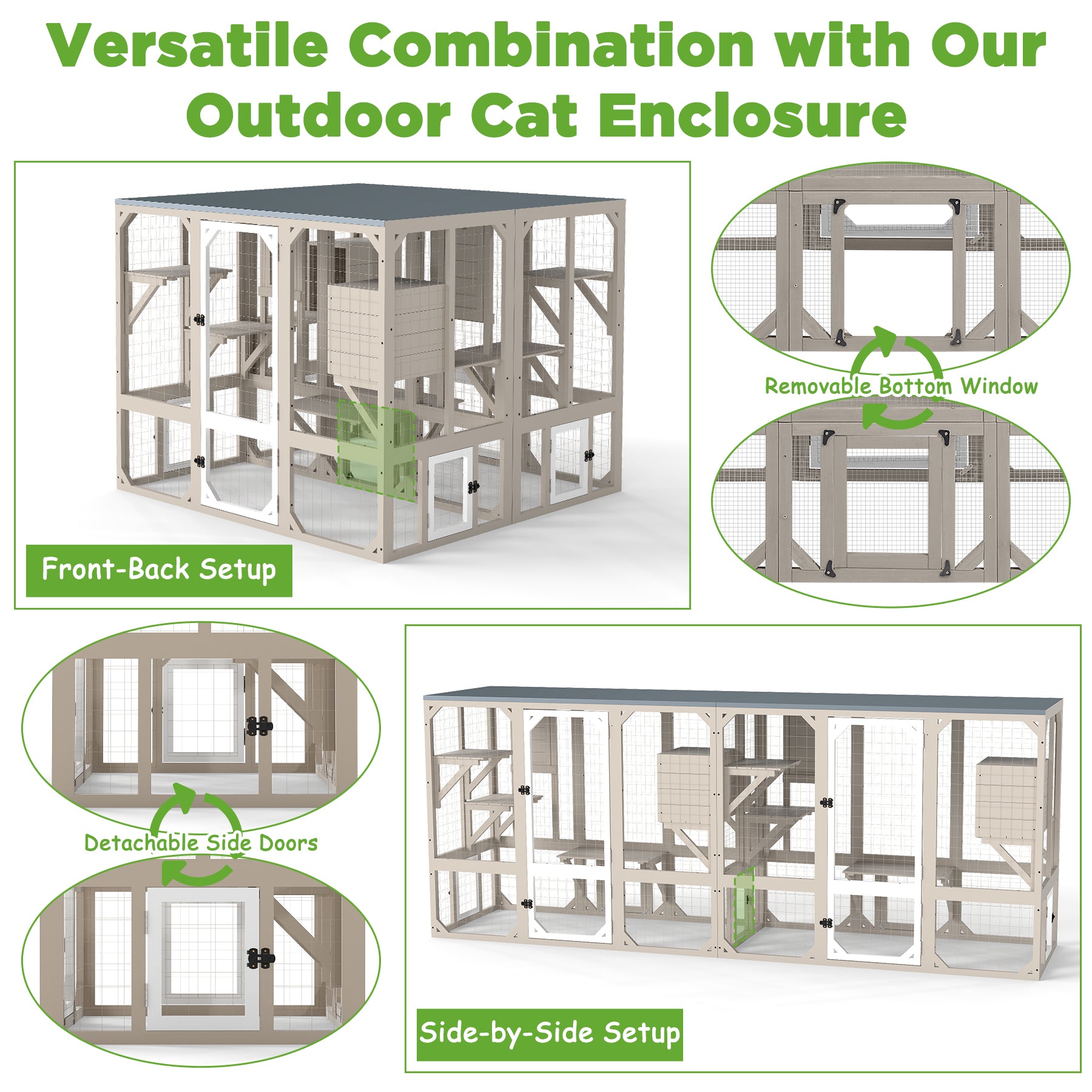 PETSCOSSET Large Wooden Catio with Window Access, 5-Door Expandable Outdoor Cat Enclosure