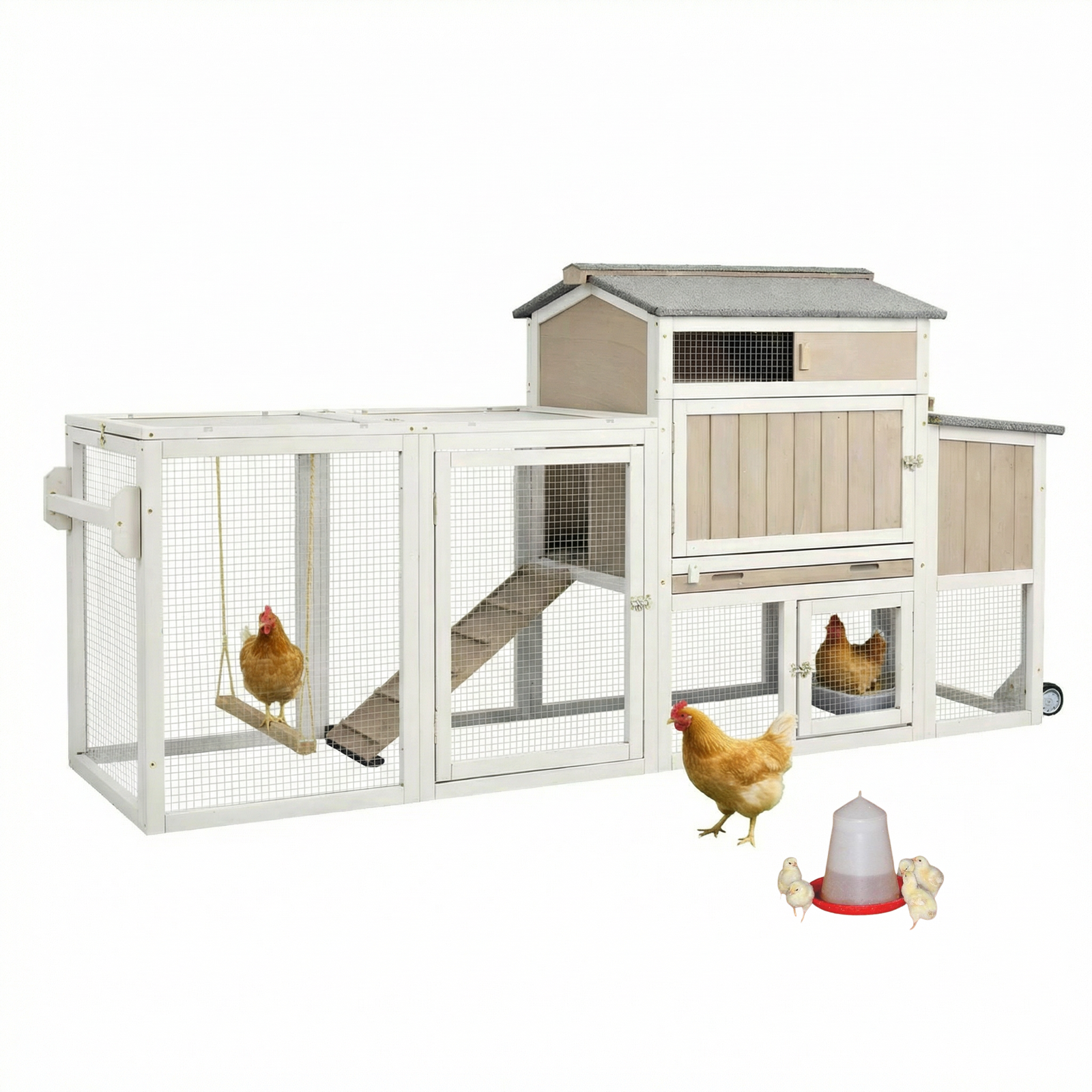 Weatherproof Hen House Chicken Coop on Wheels with Run-PET82-GREYWHITE