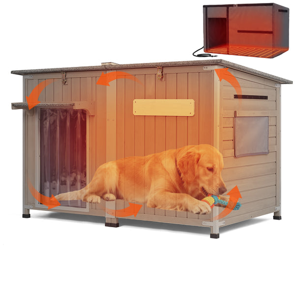 A golden retriever plays with a toy in front of the PetsCosset heated wooden dog house on a white background, featuring circulation arrows and an upper inset showing the internal heating pad system