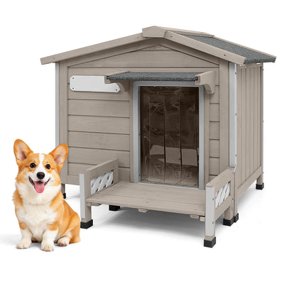 Petscosset gray wooden dog house with porch and clear door curtain, featured with a sitting Pembroke Welsh Corgi in the bottom left