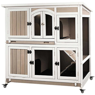 47″L Indoor Wooden 2 Story Rabbit Large Bunny Hutch Outdoor Bunny Cage on Wheels-PET33