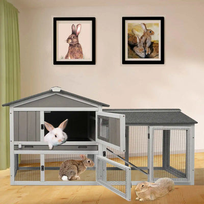 Side view of PETSCOSSET bunny hutch showing ramp and upper level