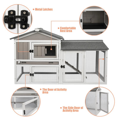Front view of the gray wooden rabbit cage with mesh windows