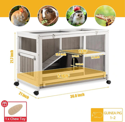 Grey rabbit hutch with wheels and pull-out tray for easy cleaning