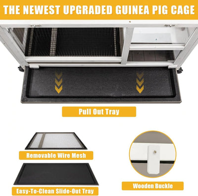 Wooden pet hutch with secure wire frame and ramp