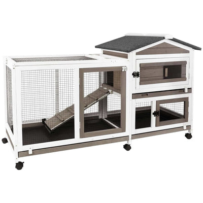 PETSCOSSET Rabbit Hutch, Indoor Two-Story Rabbit Cage with Pull Out Tray, Wheels, Asphalt Roof,White/Grey