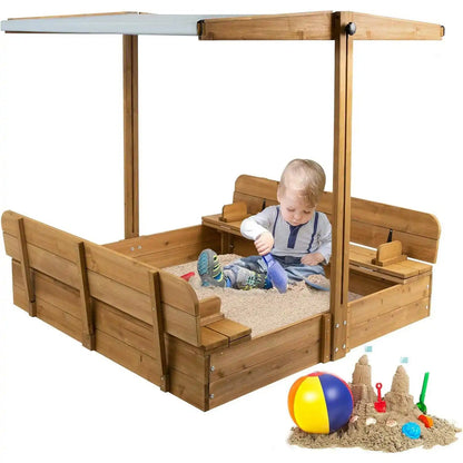 PETSCOSSET Wooden Sand Boxes for Kids Outdoor with Lid & Canopy,Rotatable Canopy, Adjustable Height,Brown