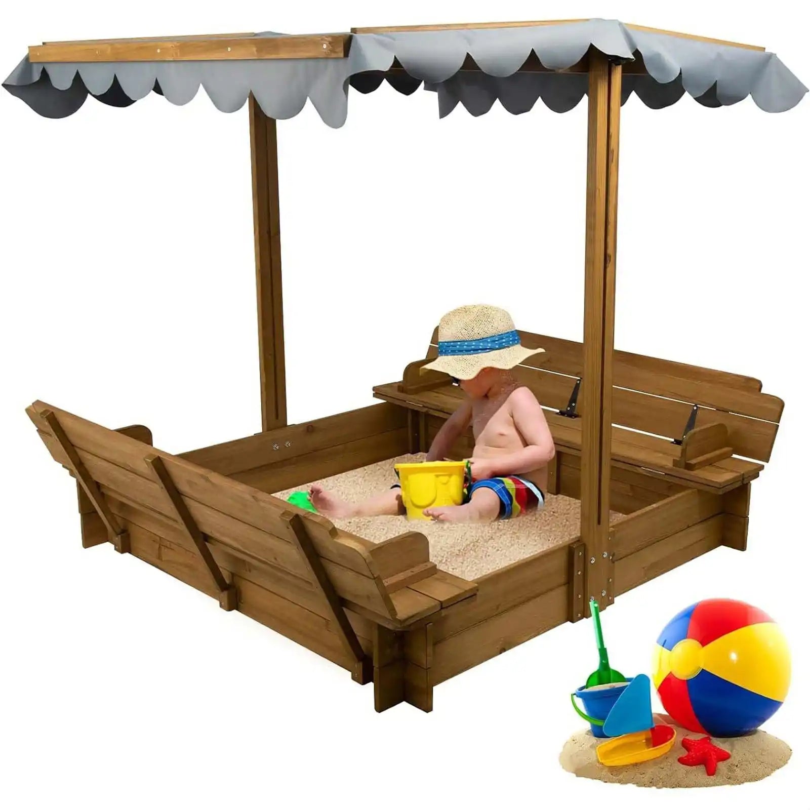 PETSCOSSET Wooden Sandbox with Lid, Kids Sandbox with Cover Outdoor,Brown