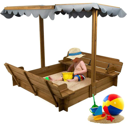 PETSCOSSET Wooden Sandbox with Lid, Kids Sandbox with Cover Outdoor,Brown