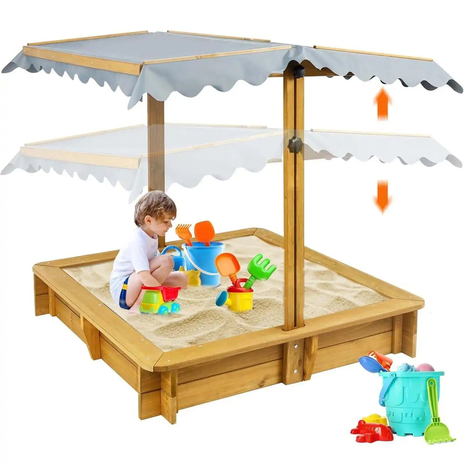 PETSCOSSET Wooden Sandbox with Cover, Outdoor Kids Sand Box with Lid, Reinforced Bench Seats,Brown