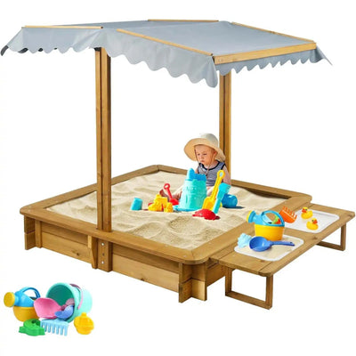 PETSCOSSET Wooden Sandbox with Cover, Outdoor Sand Box with Lid 2 Side Buckets,Brown
