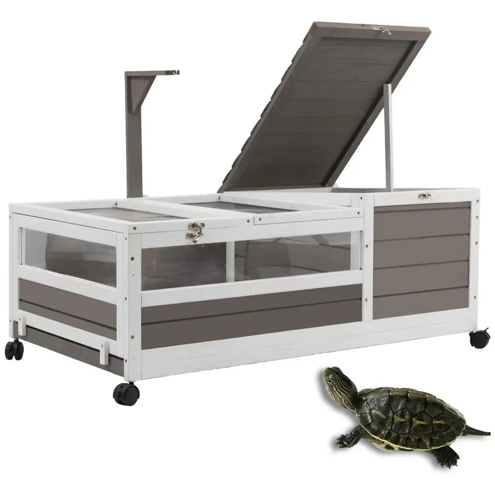 PETSCOSSET Large Wooden Tortoise Habitat On Wheels Indoor Tortoise Enclosure Reptile Cage,Greay