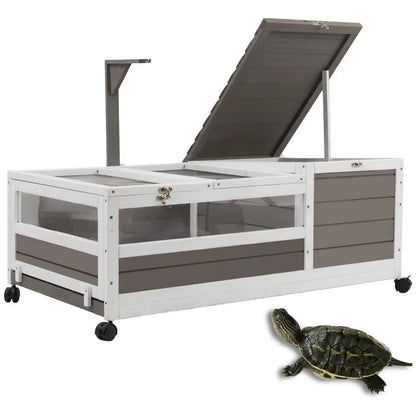 PETSCOSSET Large Wooden Tortoise Habitat On Wheels Indoor Tortoise Enclosure Reptile Cage,Greay