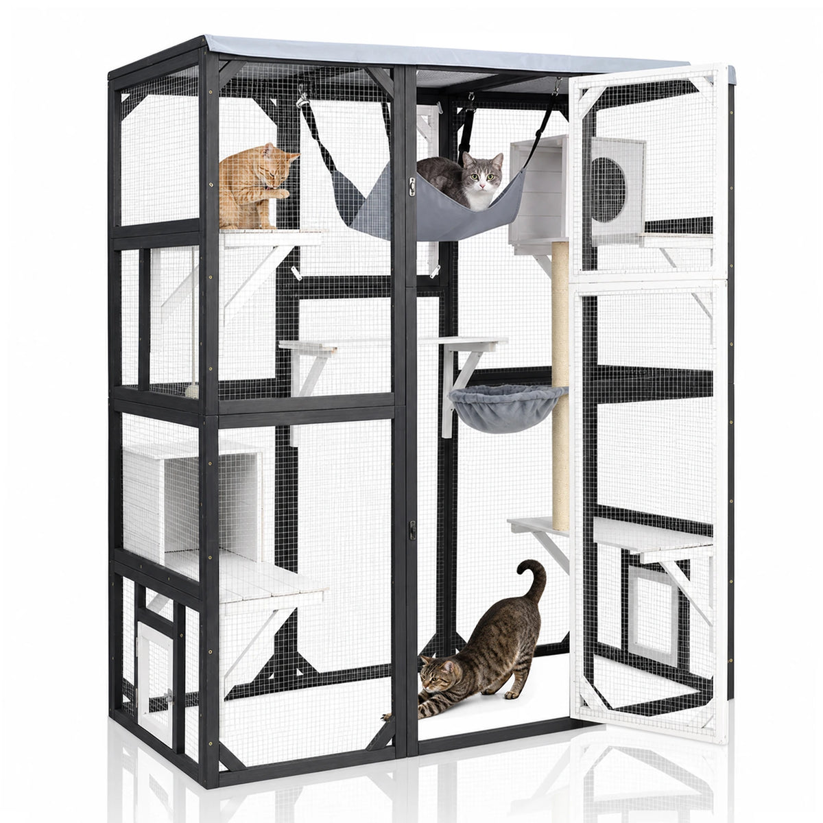 PetsCosset Walk-in 4-Tier Wooden Cat Enclosure with Window Access