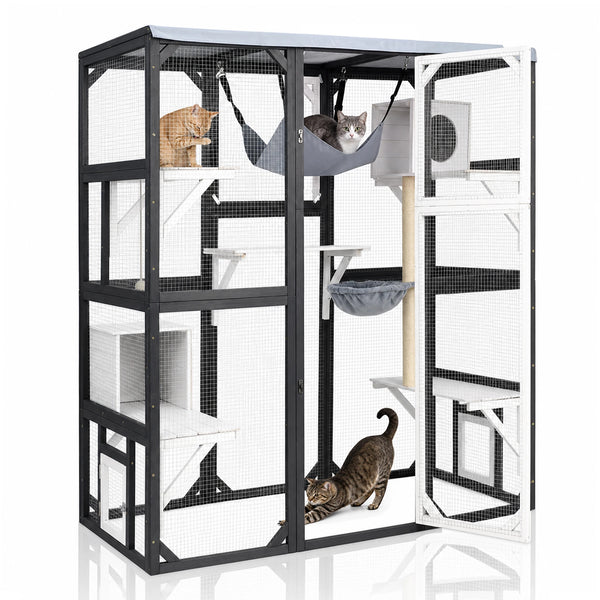 PetsCosset Walk-in 4-Tier Wooden Cat Enclosure with Window Access