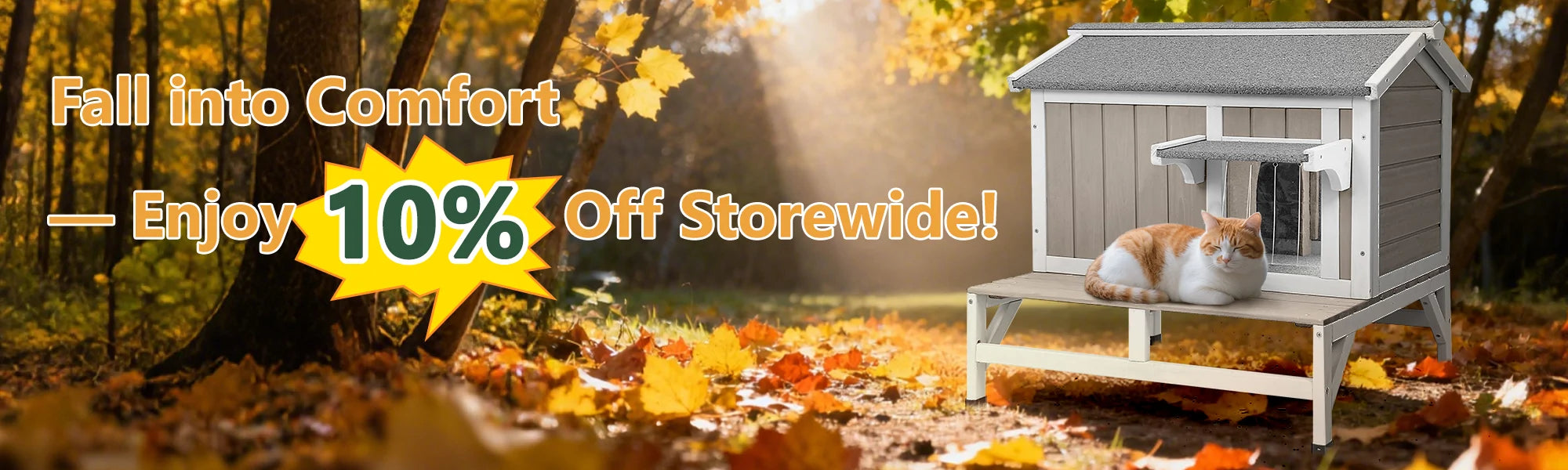 Happy golden retriever enjoying a festive fall day in a warm, outdoor wooden pet house from Petscosset.