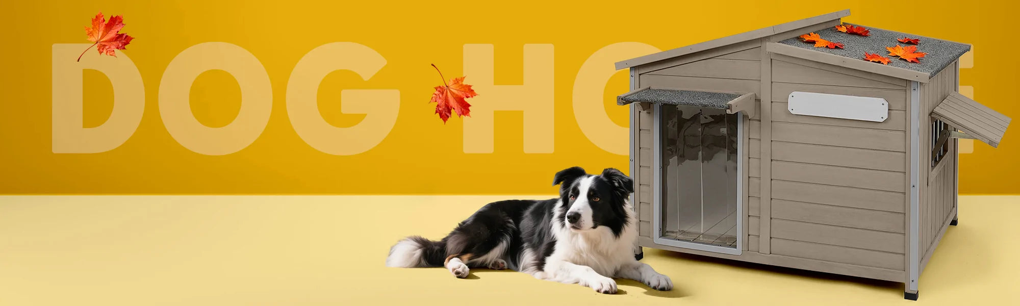 Cozy autumn pet house surrounded by fall leaves and pumpkins, keeping your dog warm this season at Petscosset.