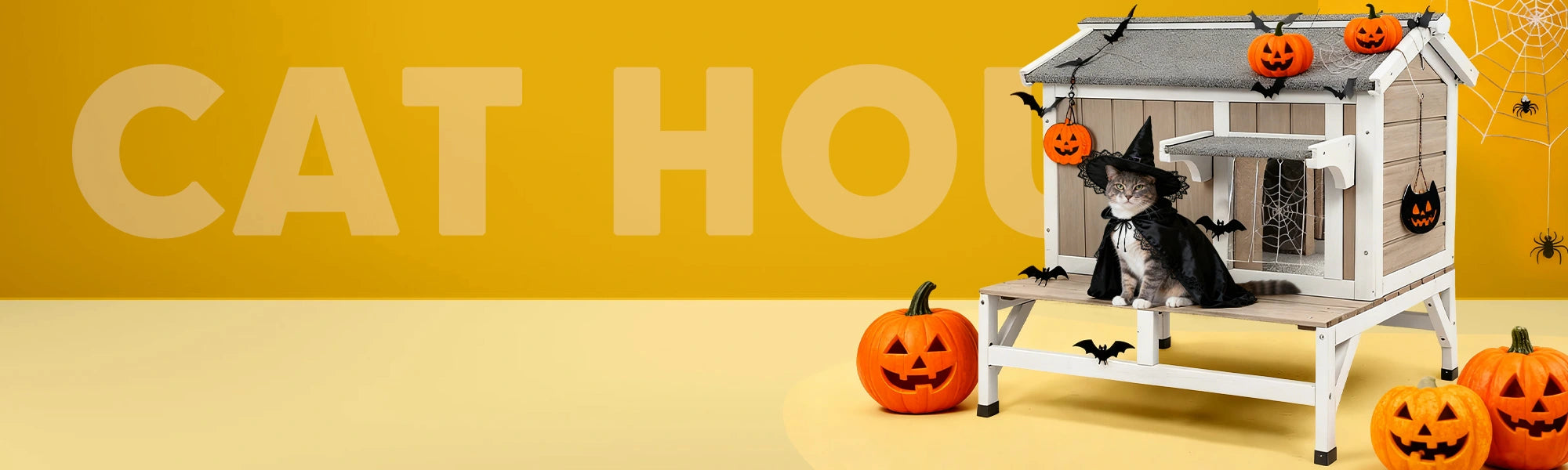 Halloween Outdoor Cat House by Petscosset — Cozy wooden shelter with pumpkin lanterns and autumn decor, keeping stray cats safe and warm this spooky season.