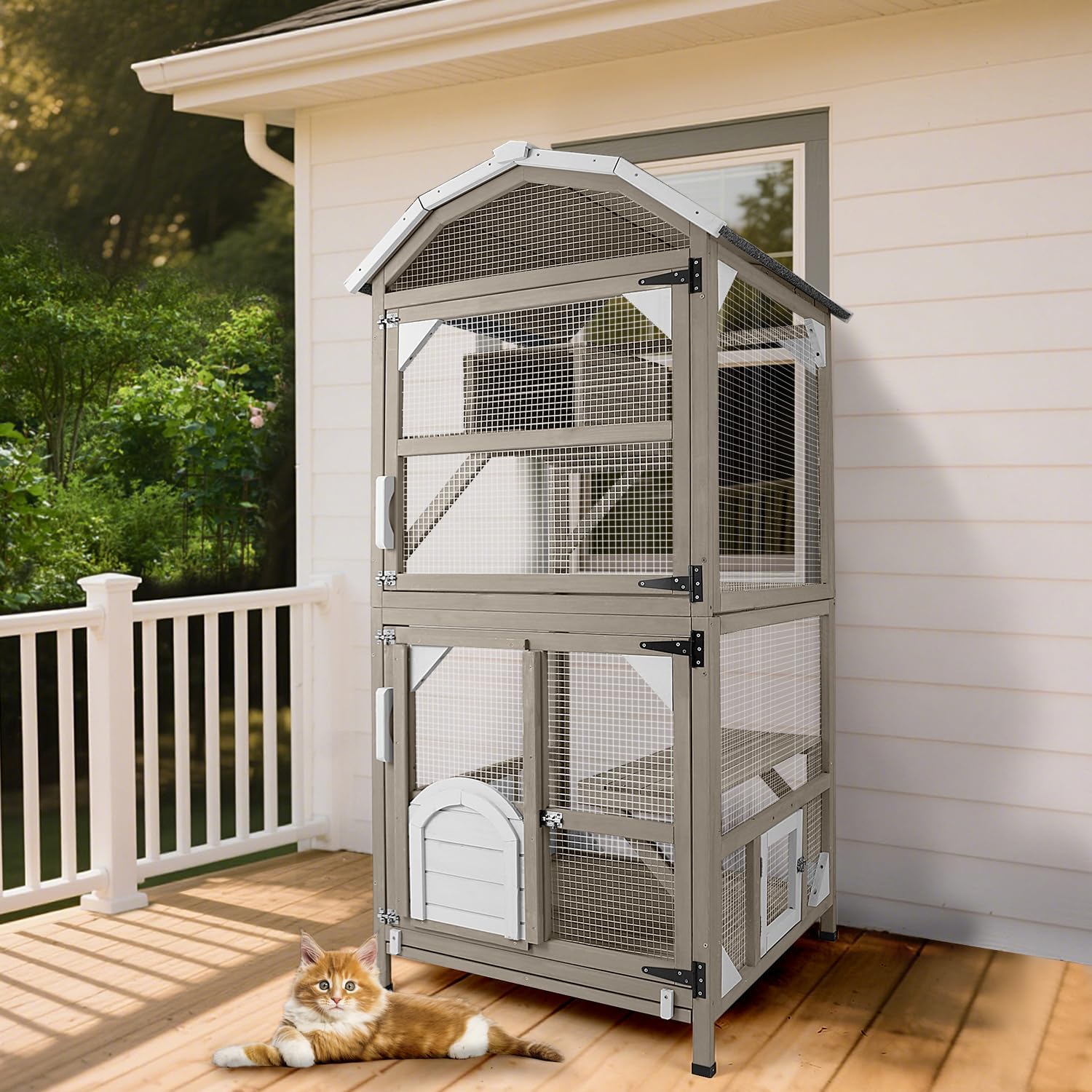 PETSCOSSET CAT12 Cat House Outdoor Cat Enclosure,70.9/34.6/34.6in,Grey