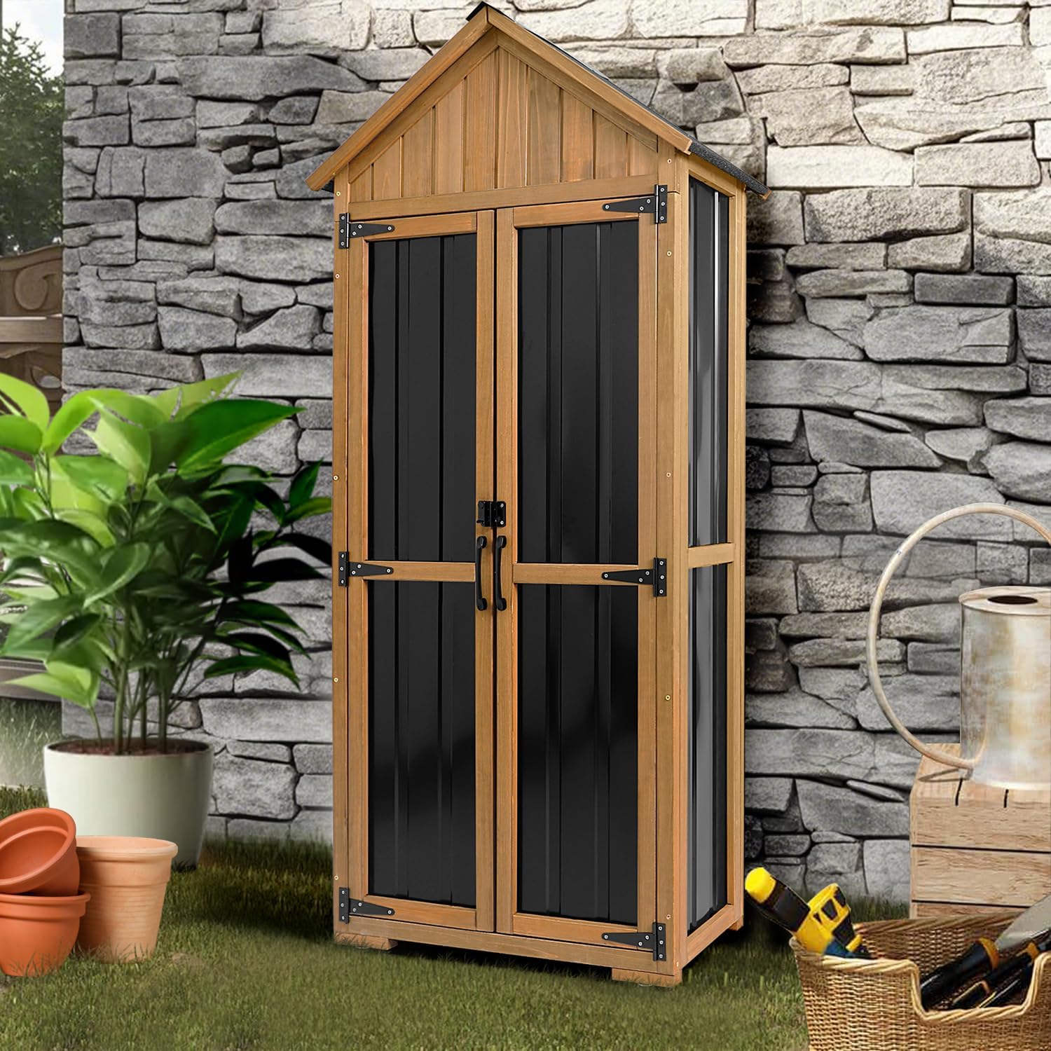 PETSCOSSET GF34 27.55″L wooden outdoor storage shed for garden tools