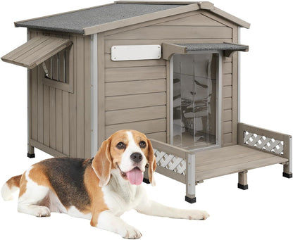 PETSCOSSET PET67 grey wooden outdoor dog house with porch and window