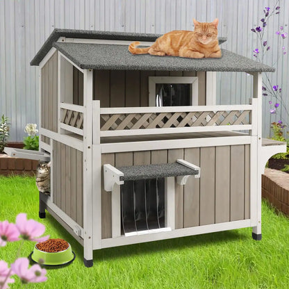 Outdoor waterproof cat shelter with elevated balcony area